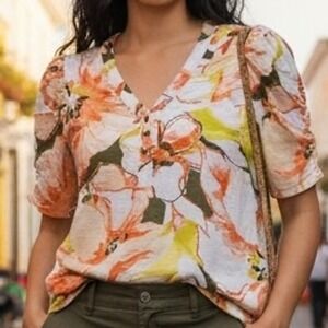 Chicos Women Floral Print Short Sleeve Tunic Top Size 1-Med Summer Spring Casual